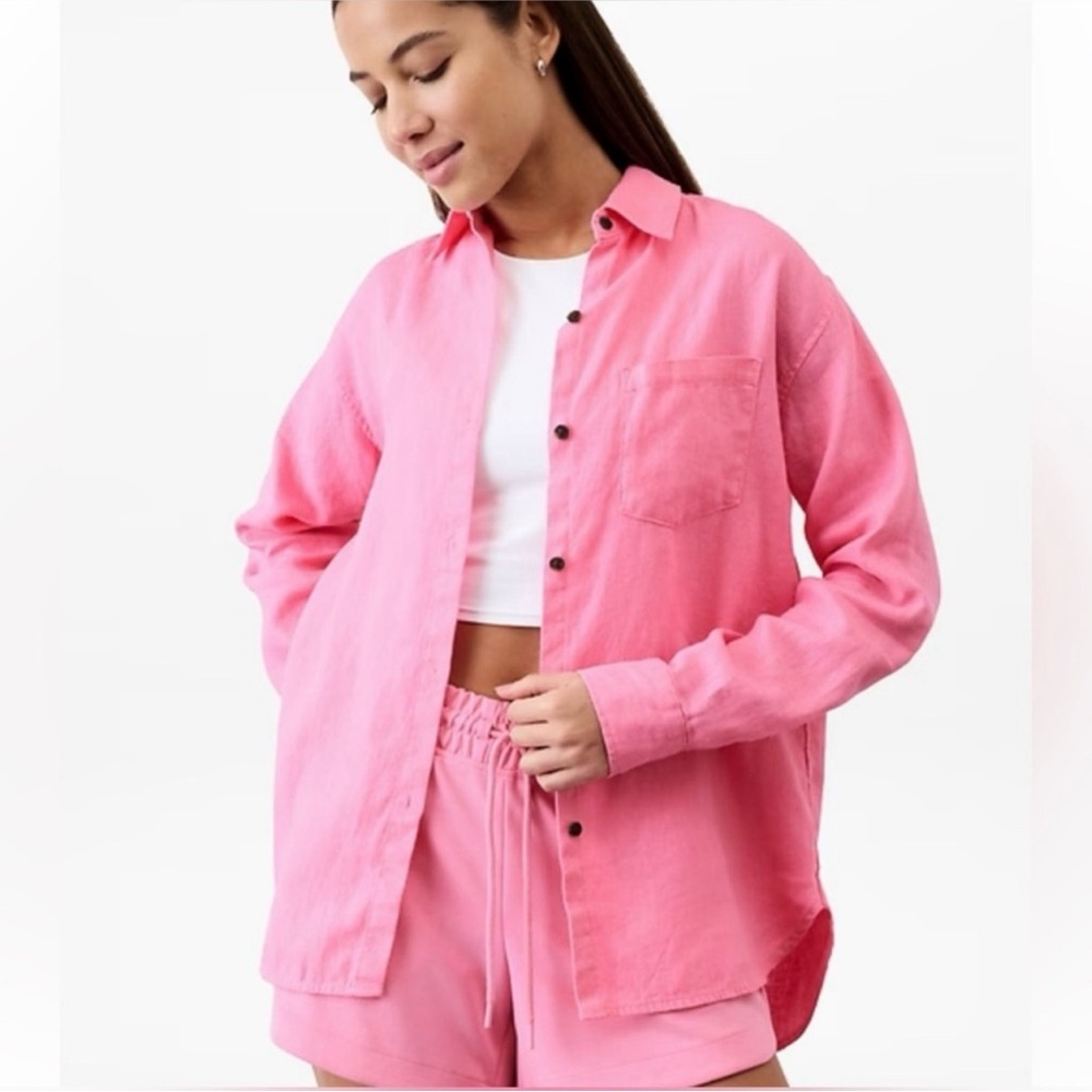 Athleta Pink Button-Up Shirt and Shorts Set